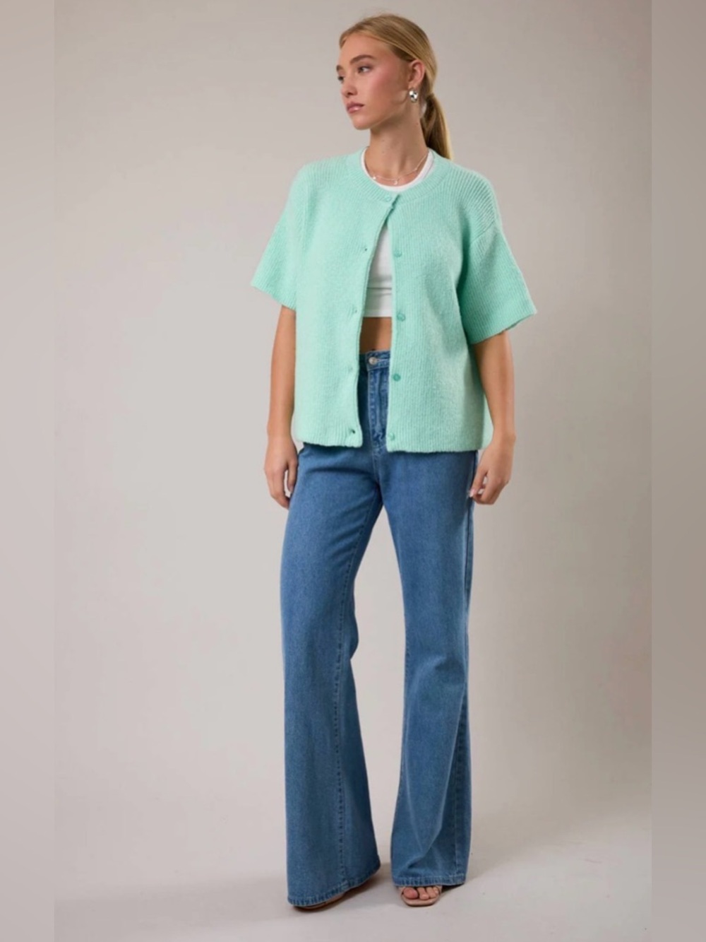 171. Oversized Mint Short-Sleeve Button Cardigan Sweater